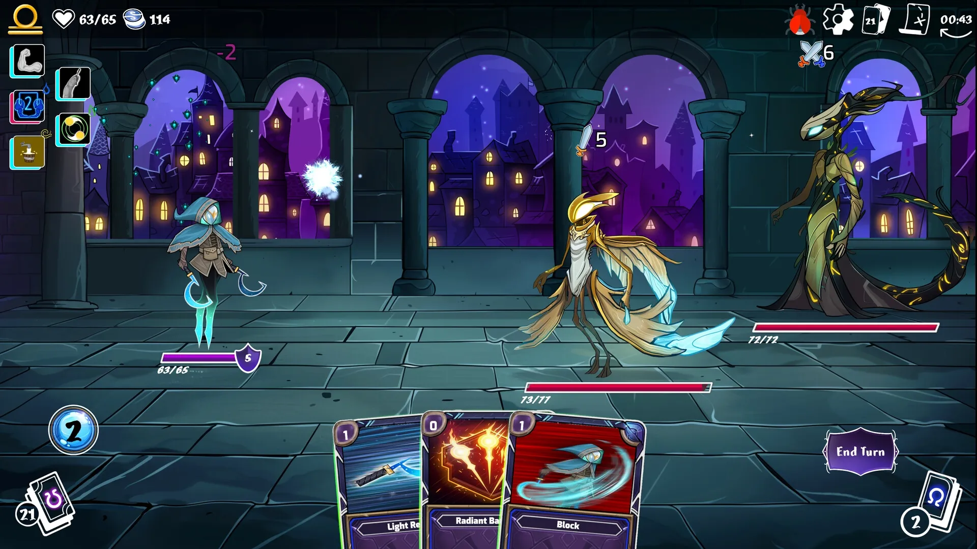 Moon's Creed: Combat scene with zodiac hero battling two enemies in a mystical castle corridor