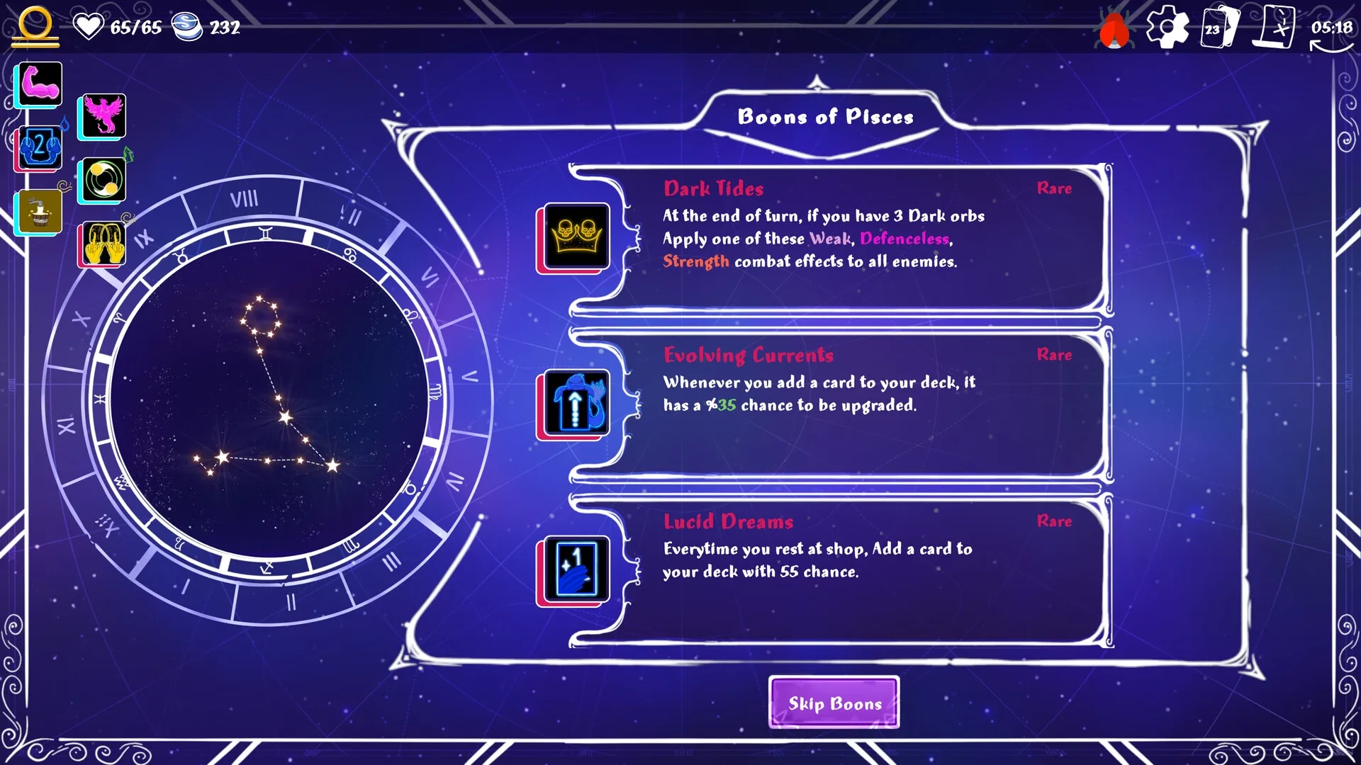 Moon's Creed: Boons of Pisces menu with constellation wheel and detailed boon descriptions on screen