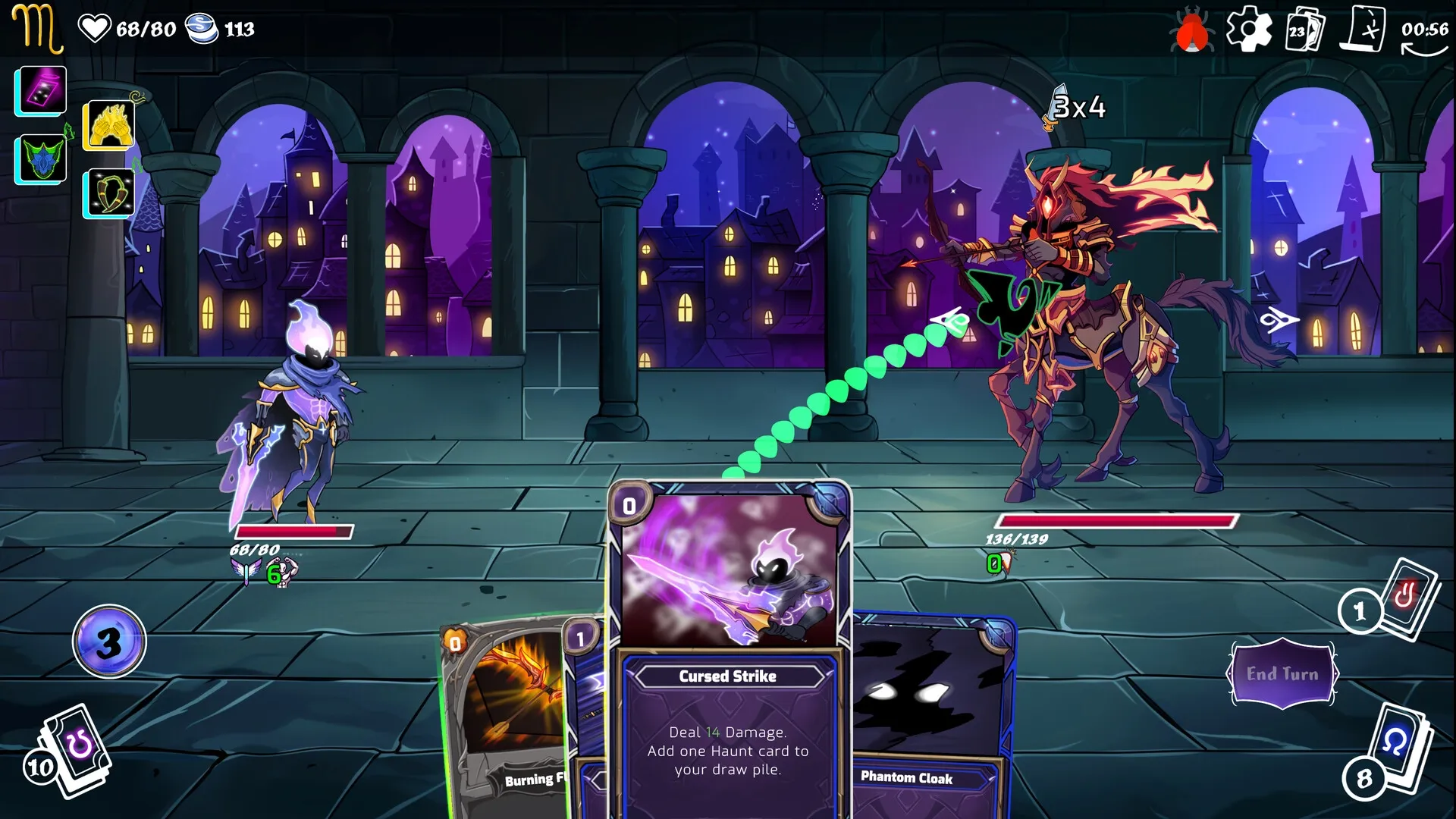 Moon's Creed: Hero battles centaur in a mystical castle with night sky and card options visible