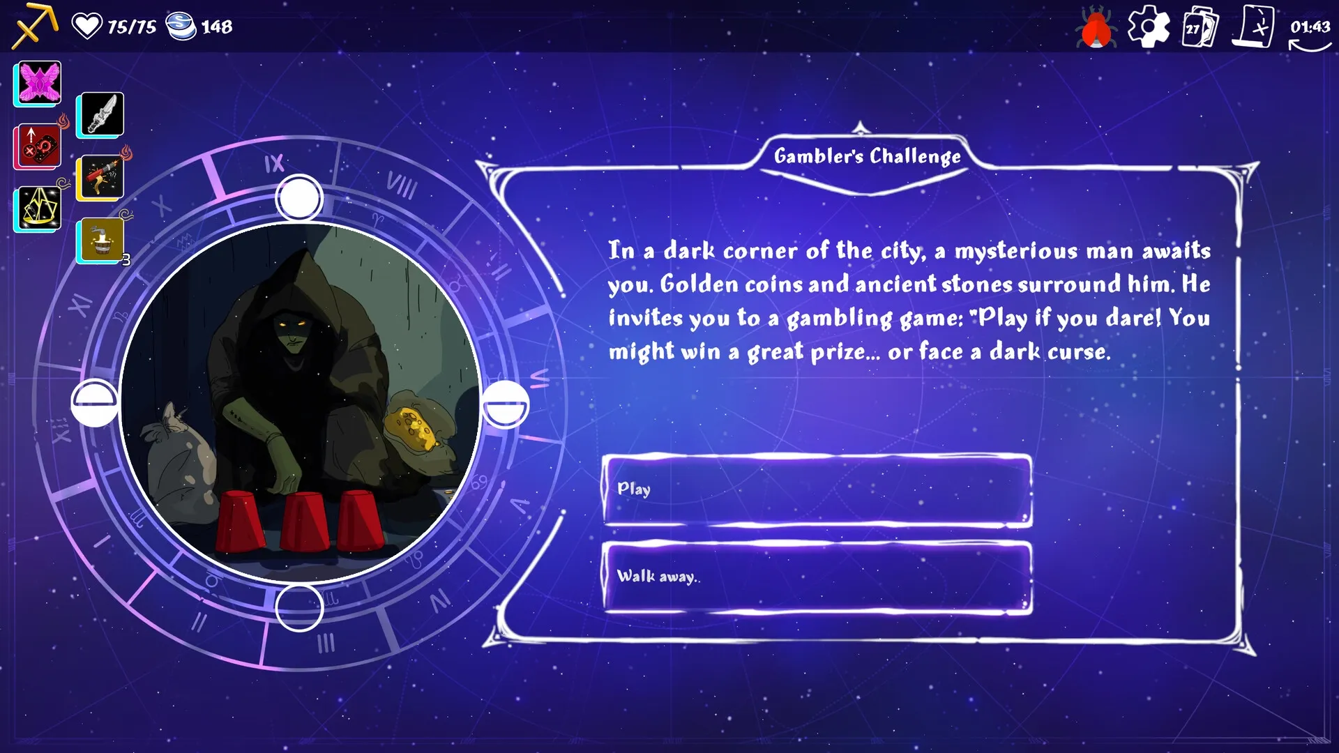 Moon's Creed: Gambler's Challenge with mysterious man offers a gamble in cosmic-themed interface.