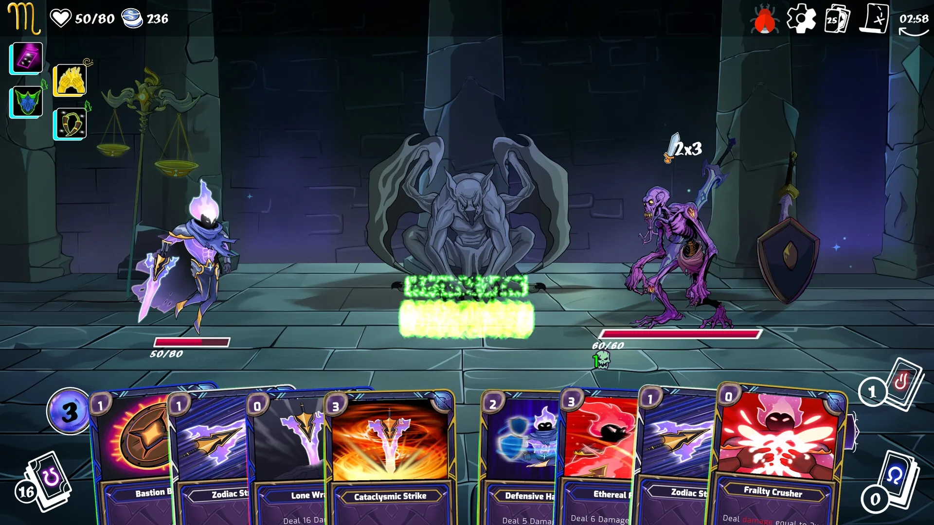 Moon's Creed: Zodiac hero battles a skeletal foe in a dungeon with card deck interface visible.