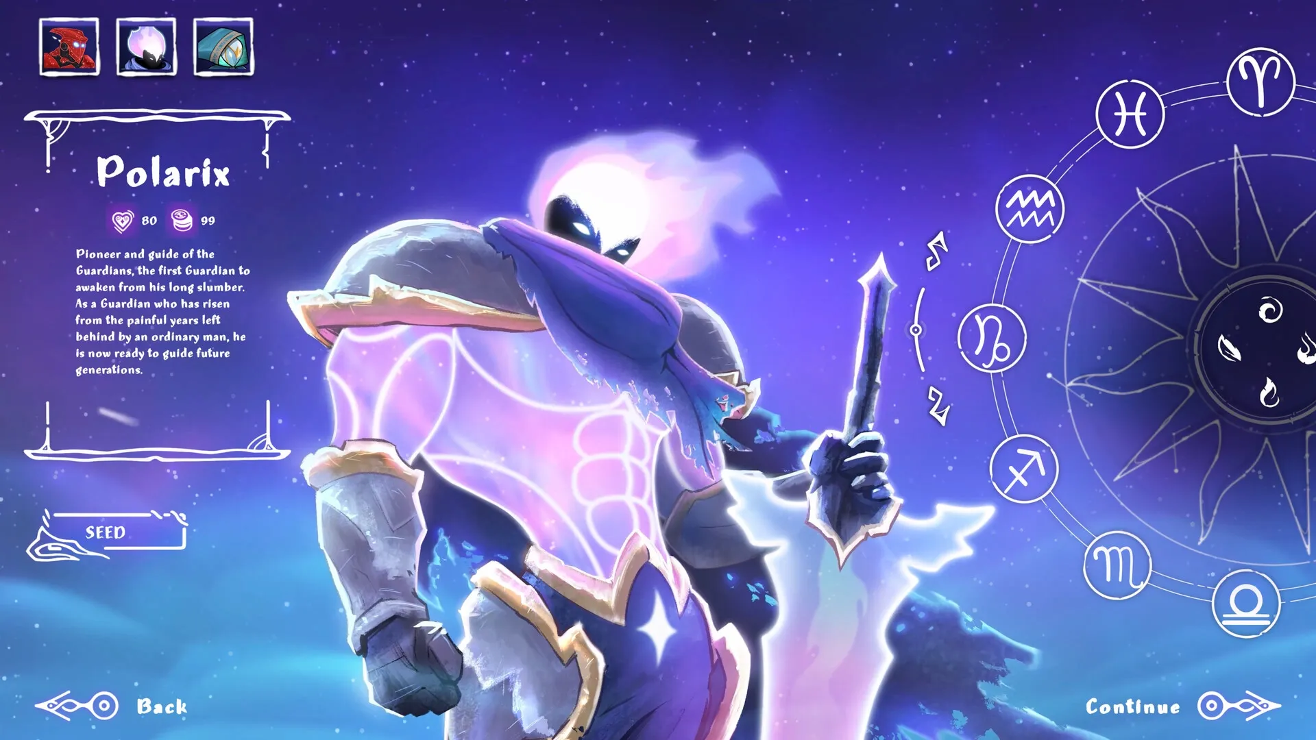 Moon's Creed: Polarity selection screen with character Polarix holding a glowing sword under stars