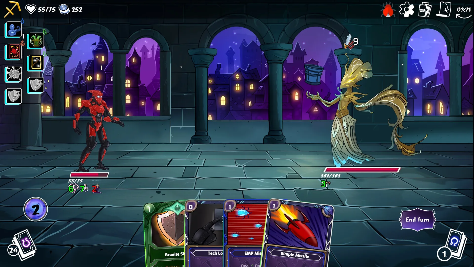 Moon's Creed: Robotic hero battles ethereal foe in moonlit castle corridor, cards ready for action