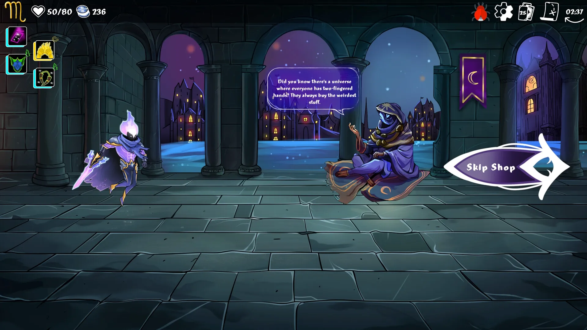Moon's Creed: Two characters in mystical shop, one floating, with dialogue and skip option in castle hall.