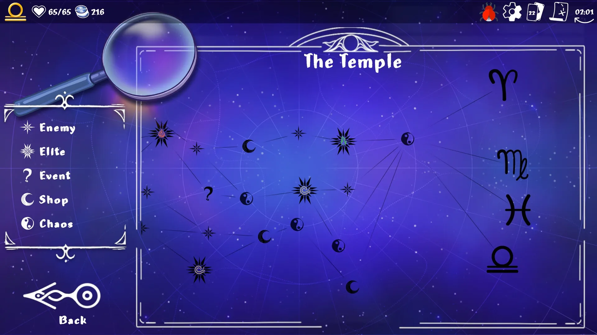 Moon's Creed: Map screen with zodiac signs, path choices for enemy or event in starry temple setting.