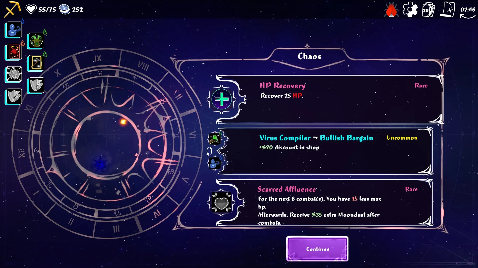 Moon's Creed: Inventory screen with zodiac wheel and options for HP recovery, discounts, and bonuses