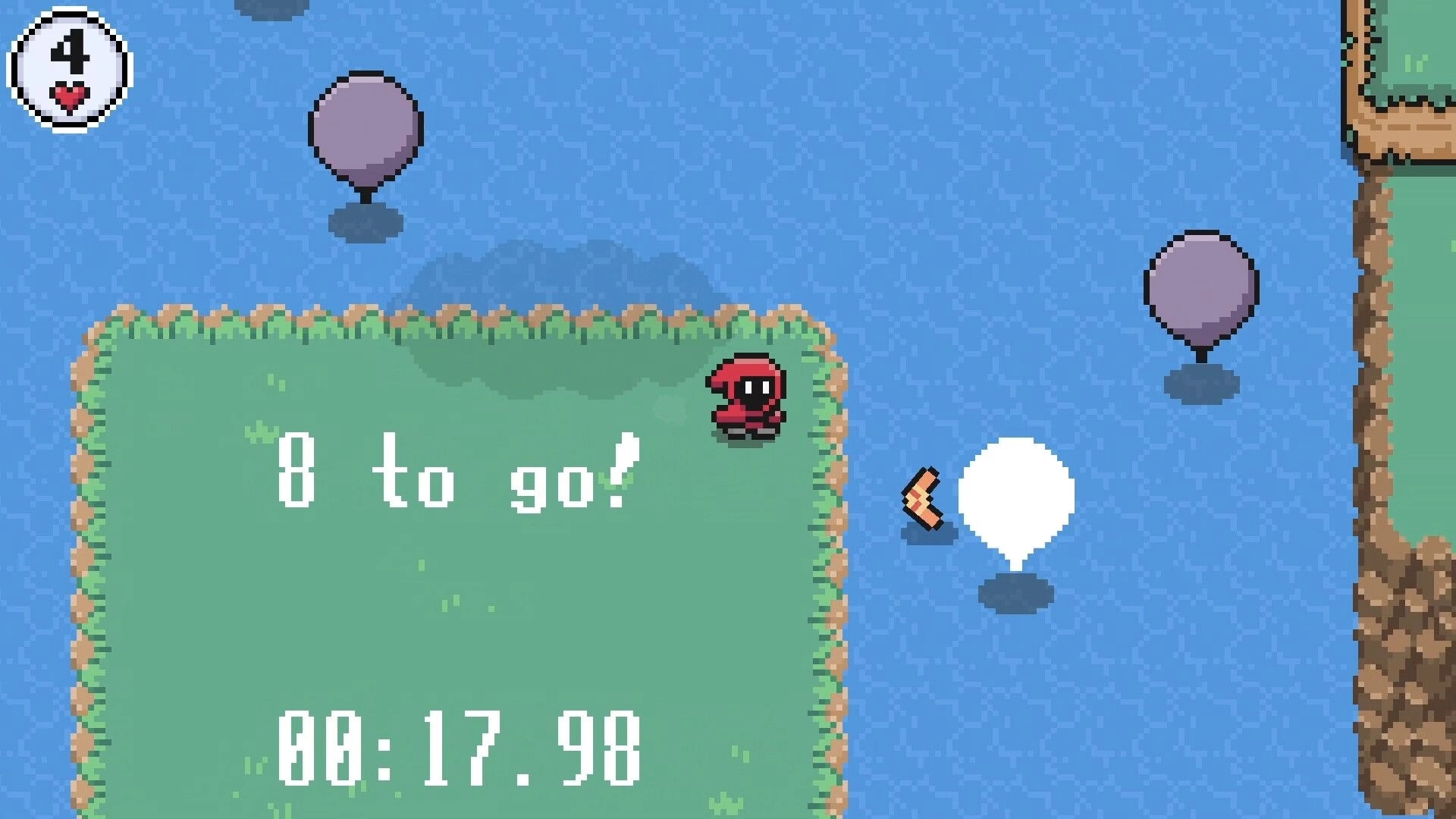 MOONSHIRE: Hooded character with boomerang on grassy platform, countdown and balloons on water.