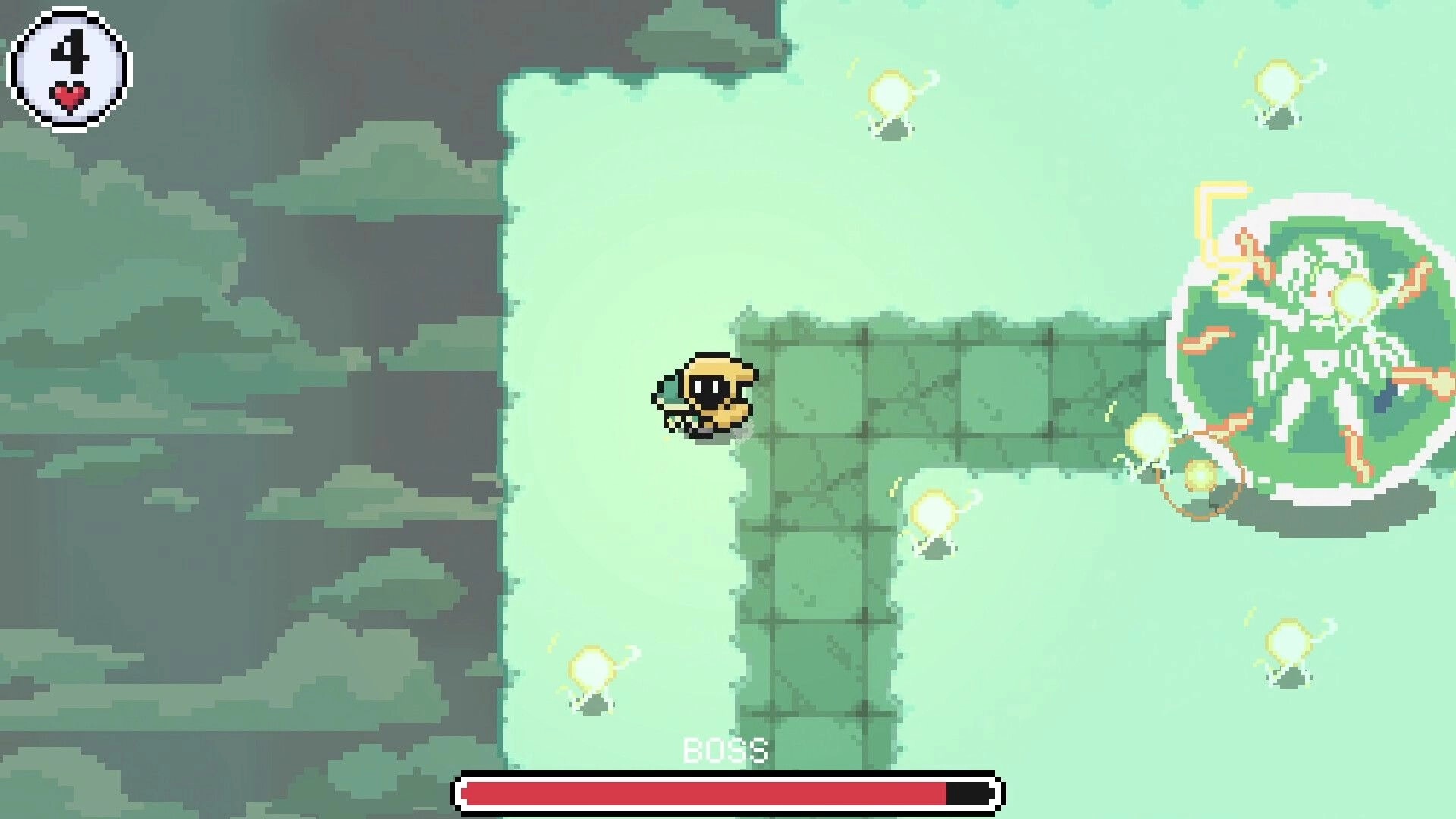 MOONSHIRE: Player character facing boss in dungeon with health bar and hearts displayed