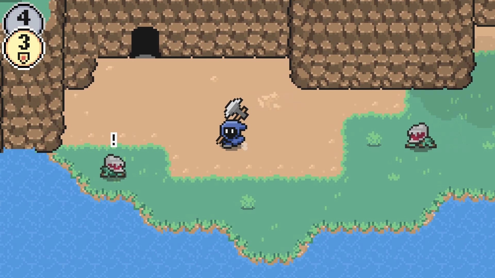 MOONSHIRE: Character with axe approaches cave entrance near alert enemy by a riverbank in pixel art style.