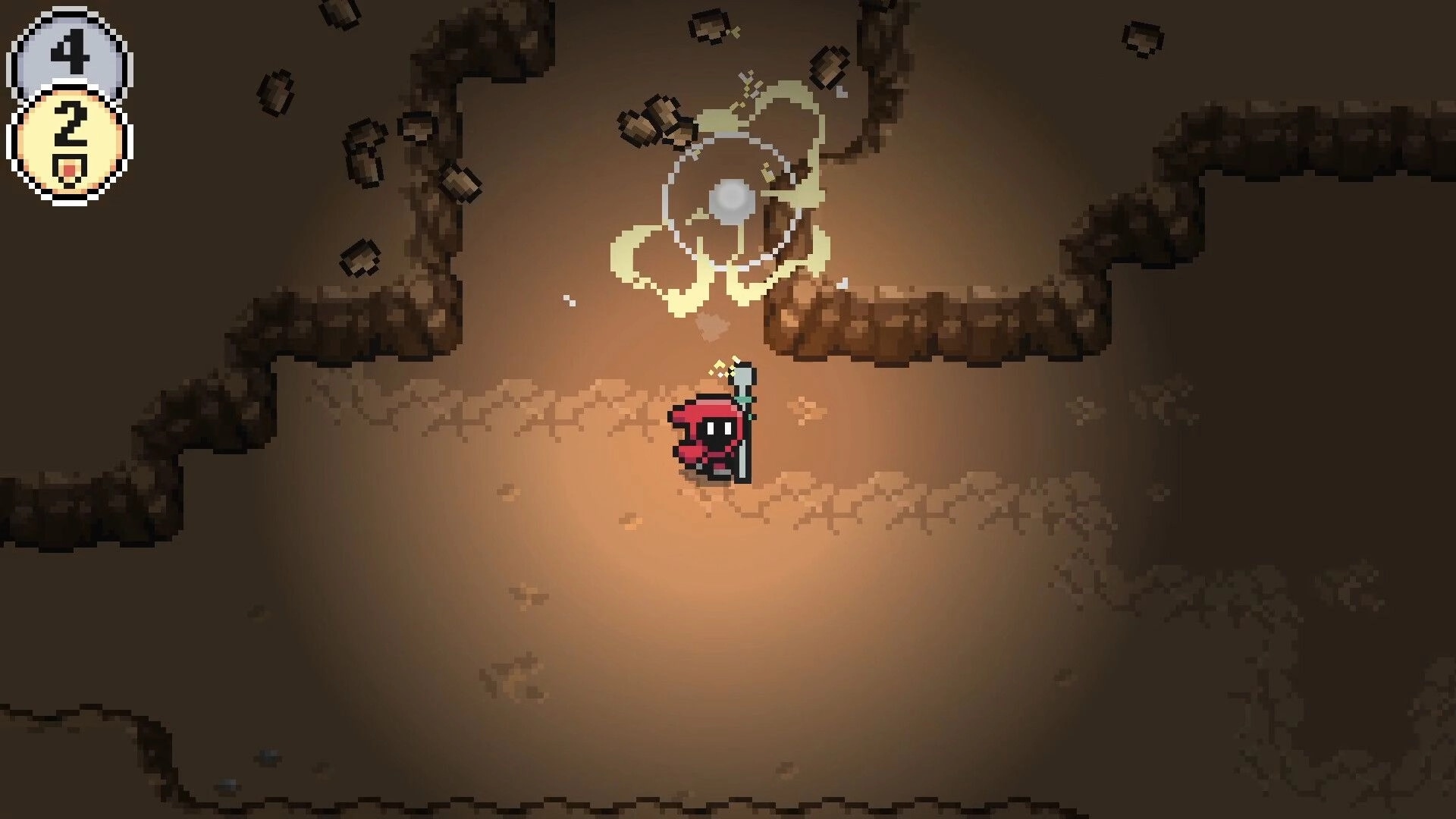 MOONSHIRE: Character in red cloak exploring a dimly lit dungeon with a magic staff and debris effect