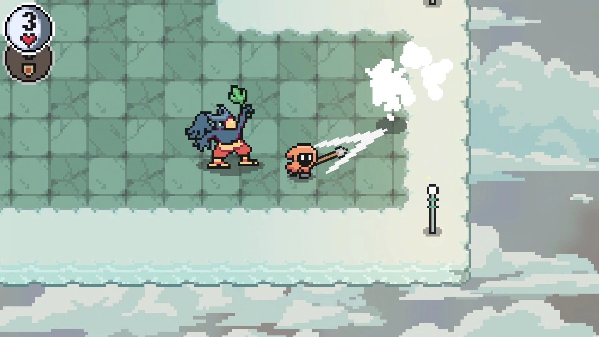 MOONSHIRE: Player character attacking a bird-like enemy in a snowy dungeon environment with health UI.
