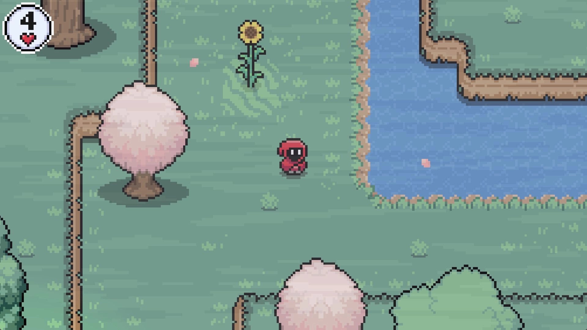 MOONSHIRE: Red-hooded character exploring grassy area near a river with trees and a sunflower.