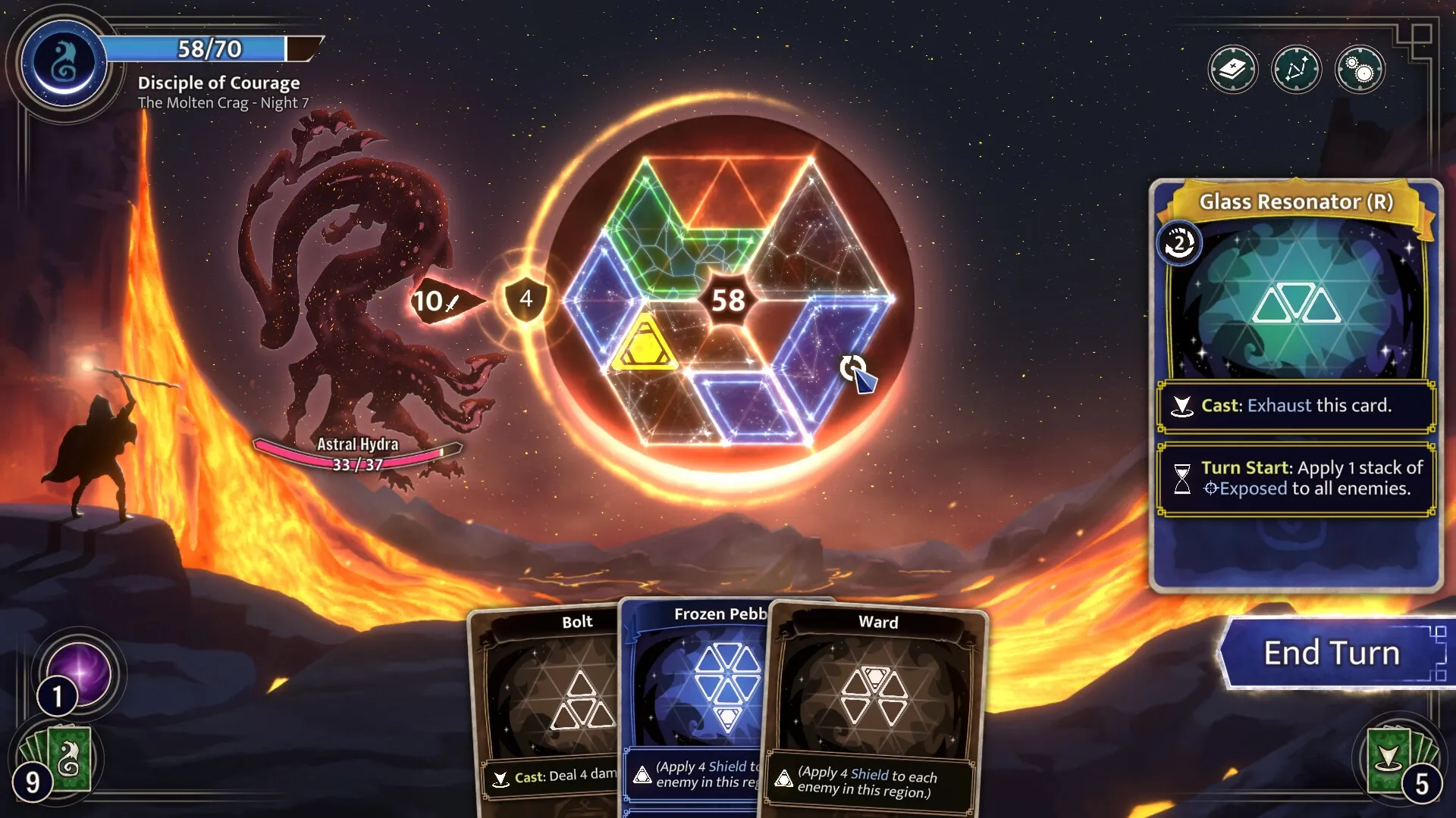 Moonsigil Atlas: Combat with Astral Hydra in volcanic landscape, strategic cards and mana tiles visible.