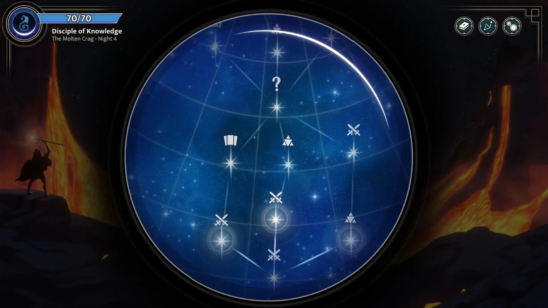 Moonsigil Atlas: Star map navigation with various celestial icons and character in fiery landscape