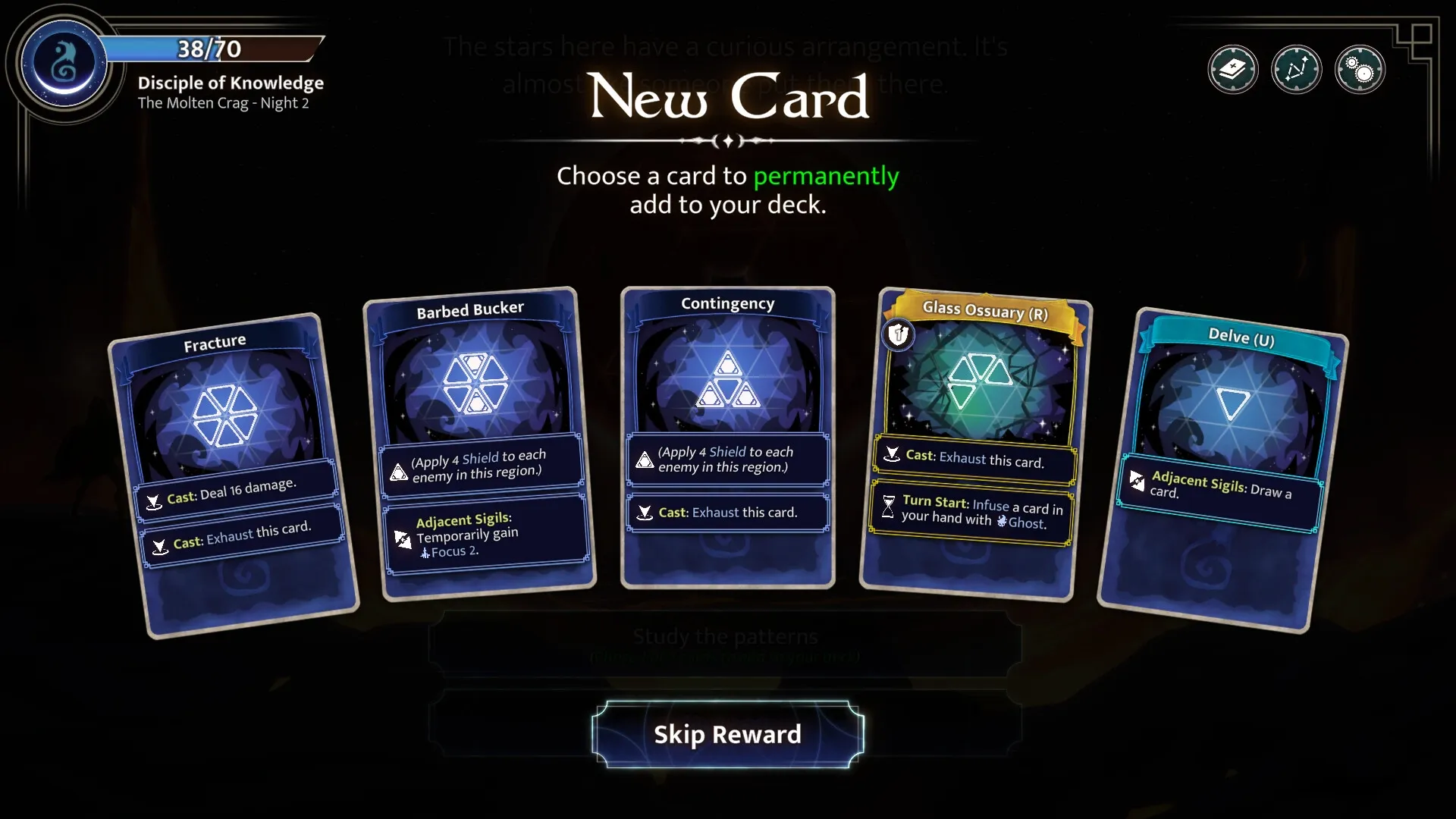 Moonsigil Atlas: Card selection screen showing five card options to add permanently to your deck