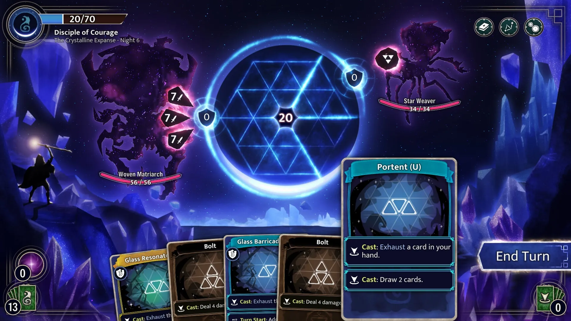 Moonsigil Atlas: Disciple of Courage battles Woven Matriarch and Star Weaver in astral arena setting