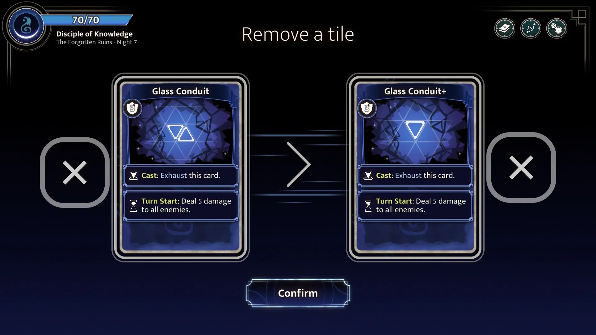 Moonsigil Atlas: Card upgrade interface showing Glass Conduit transformation with confirm option visible