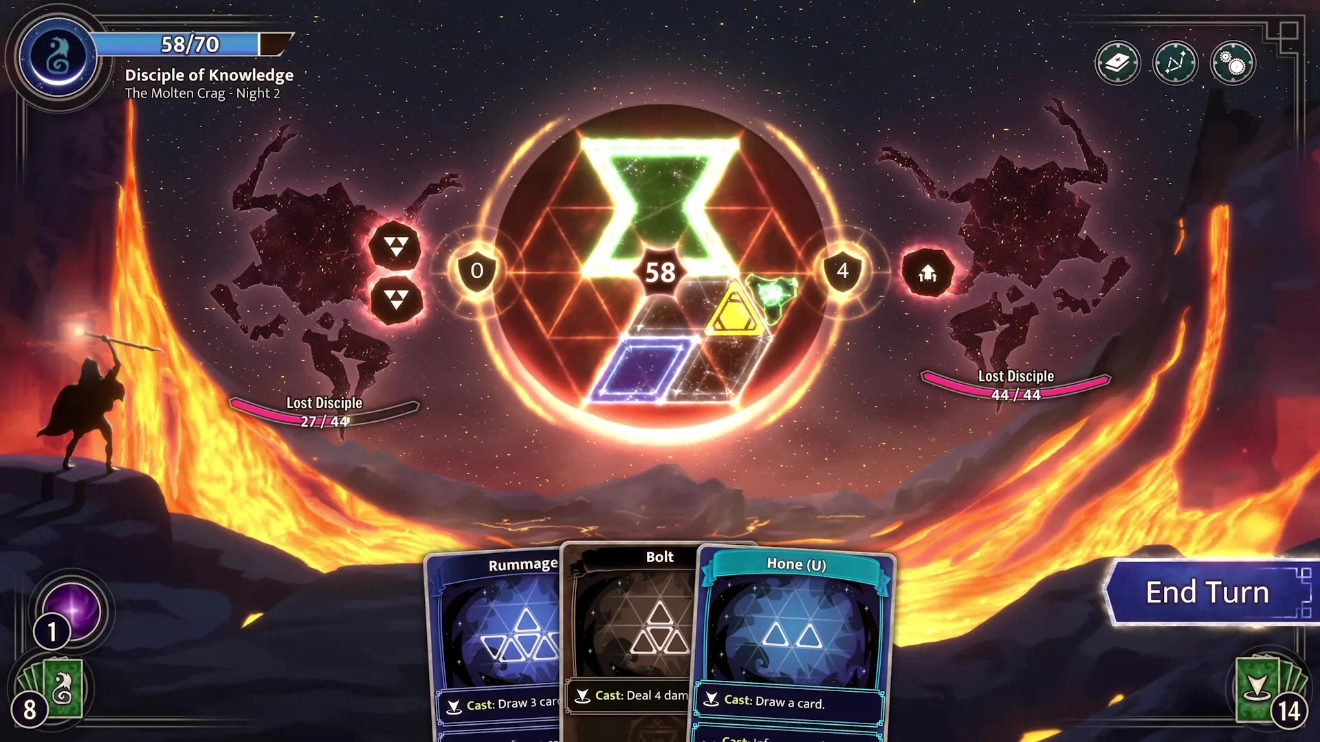 Moonsigil Atlas: Combat with Lost Disciples in lava-filled terrain, player casting spells from hand.