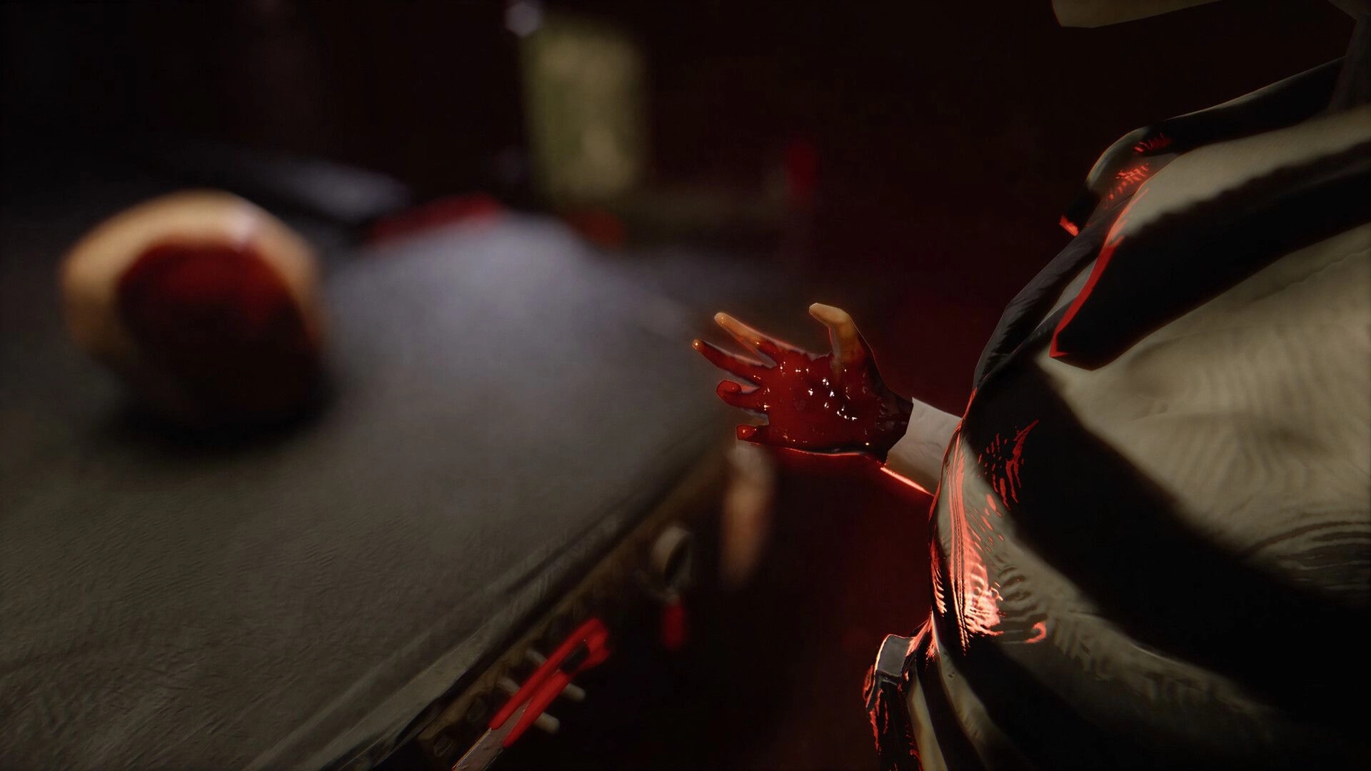 Morbid Mailroom: Blood-smeared hand reaches past a conveyor belt in a dim, claustrophobic room.