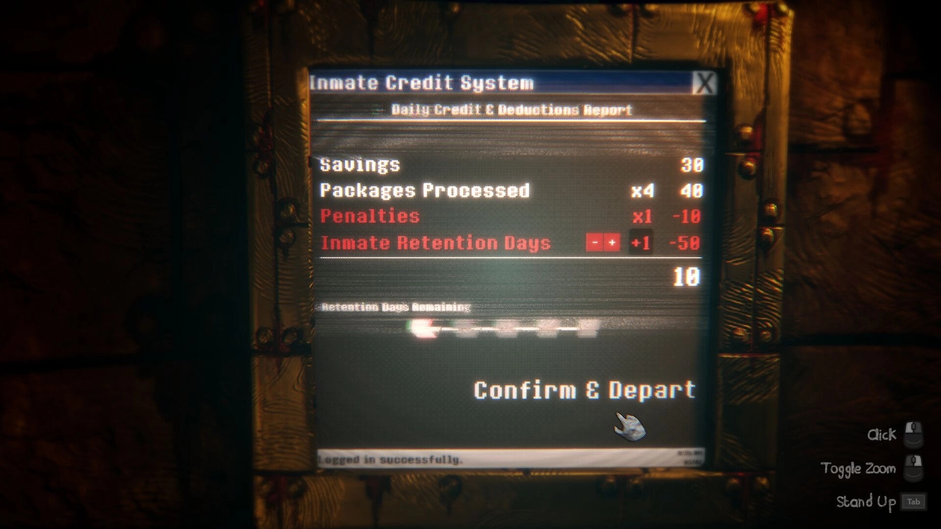 Morbid Mailroom: Inmate Credit System report with savings, penalties, and Confirm & Depart button UI.