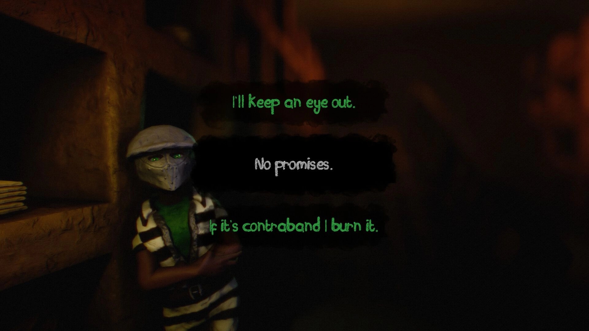 Morbid Mailroom: Dialogue choice screen beside masked inmate in dim prison corridor with green text options.