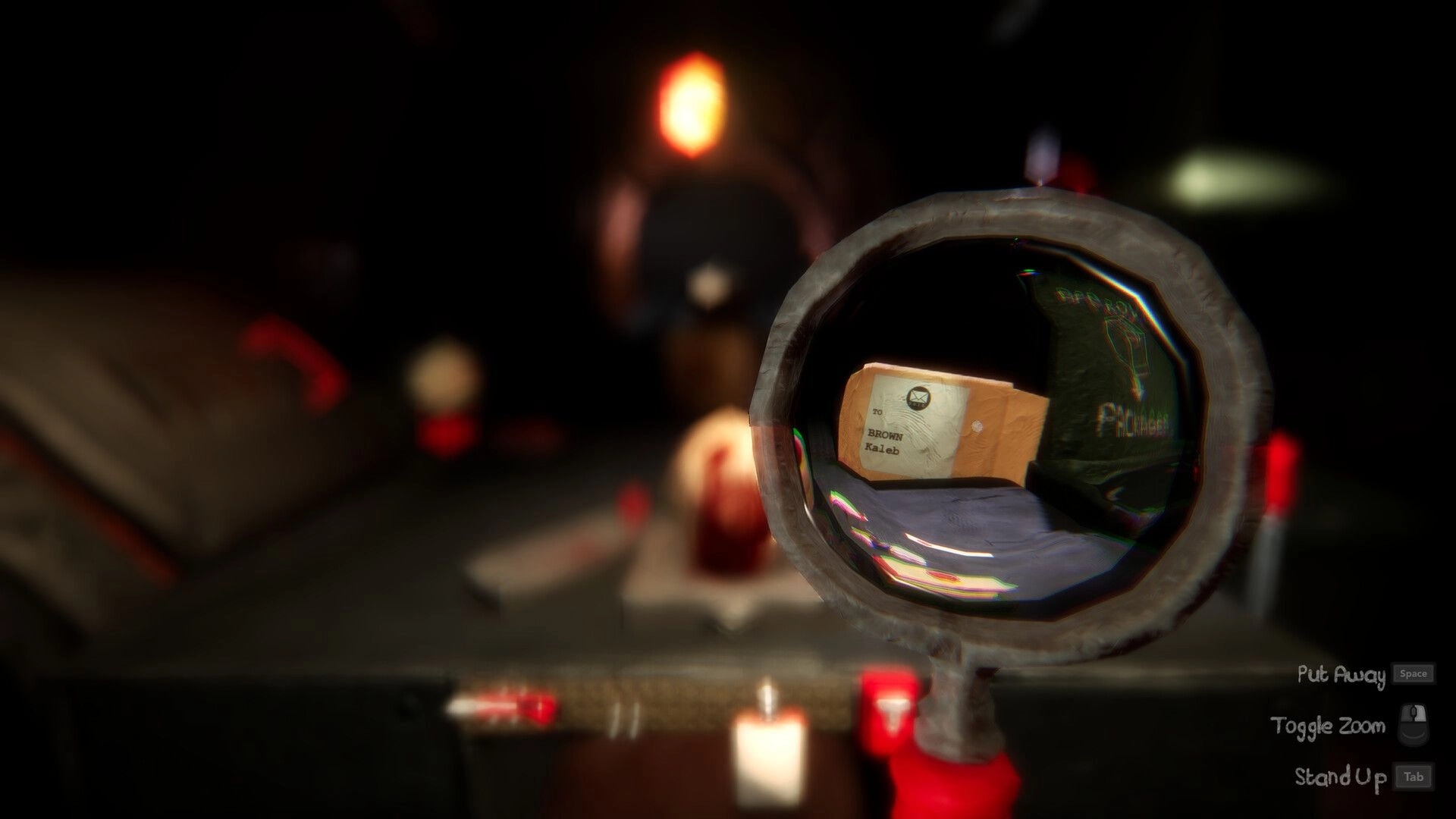 Morbid Mailroom: Magnifying glass inspects a parcel label on desk in dim mailroom with UI prompts.