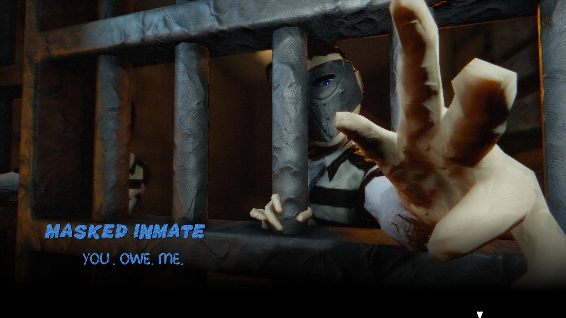 Morbid Mailroom: Masked inmate grips cell bars, dialogue text “YOU. OWE. ME.” in dim prison corridor.