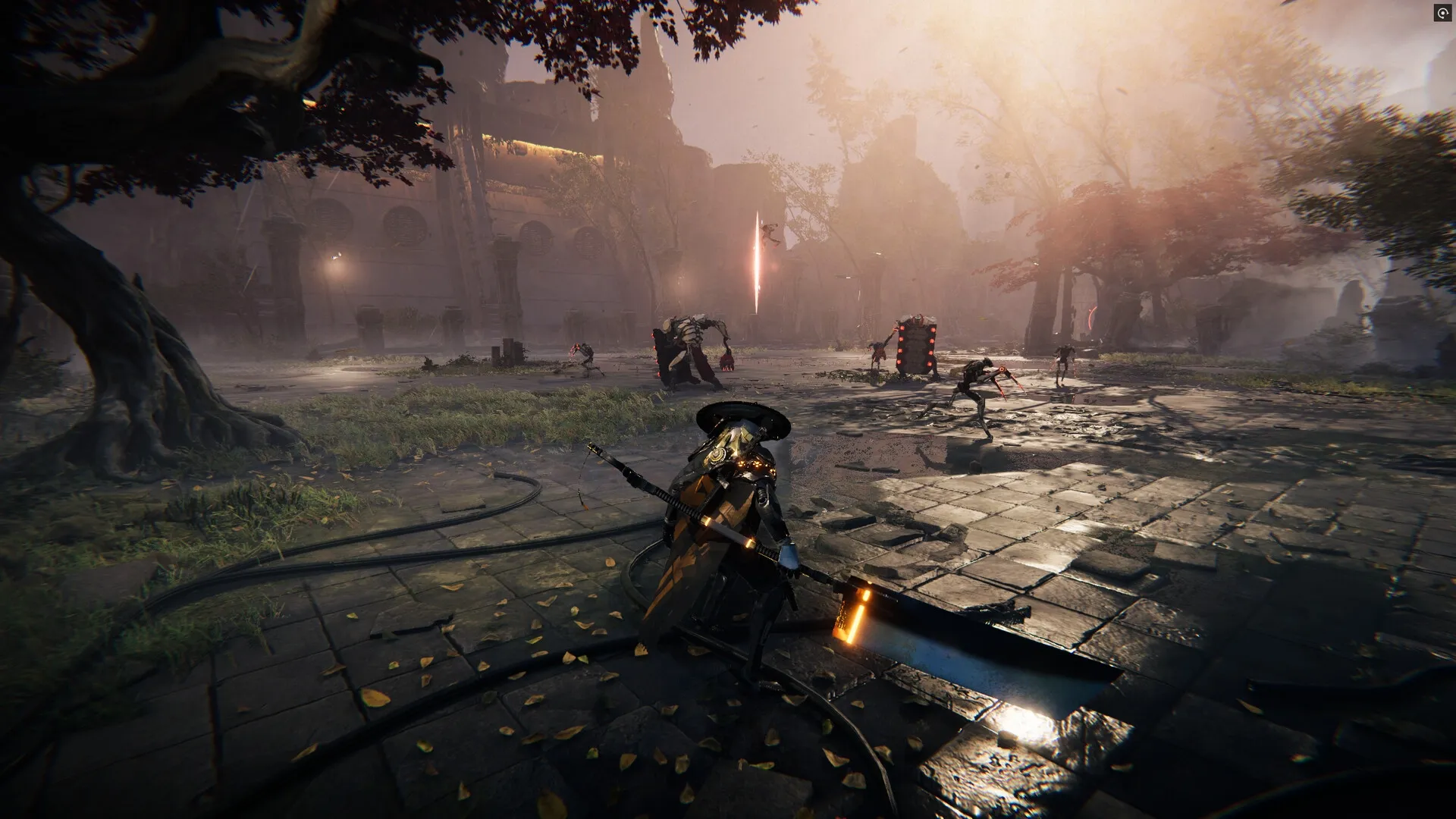 Morbid Metal: Warrior with a large sword faces robotic enemies in a misty, ruined courtyard setting.