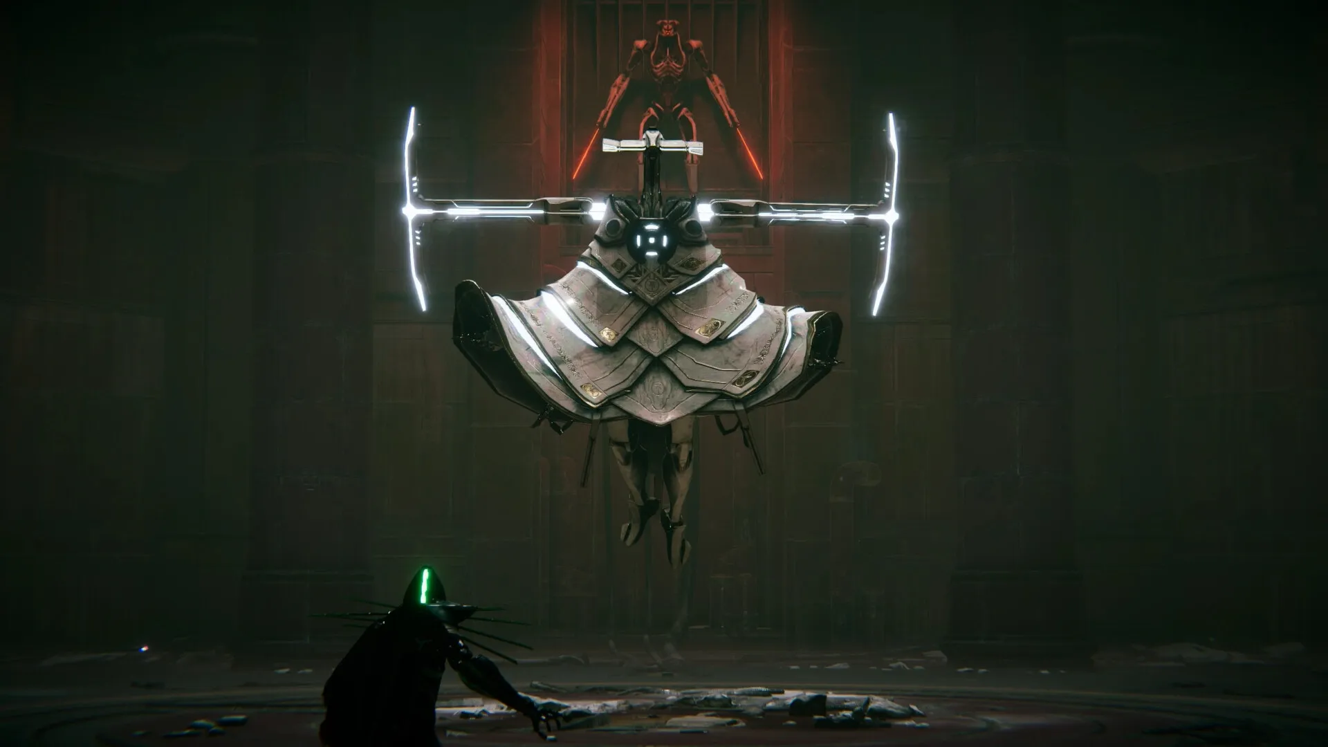 Morbid Metal: Player confronts a floating mechanical boss in a dark, industrial arena with red lighting.
