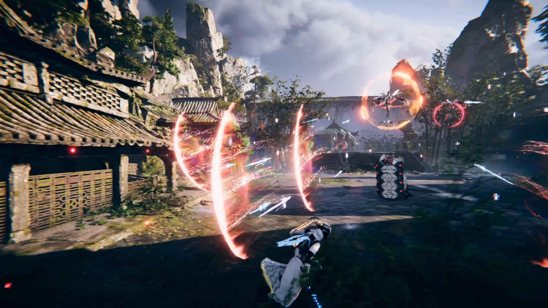 Morbid Metal: Character dodging attacks in a temple courtyard with glowing enemy projectiles flying by