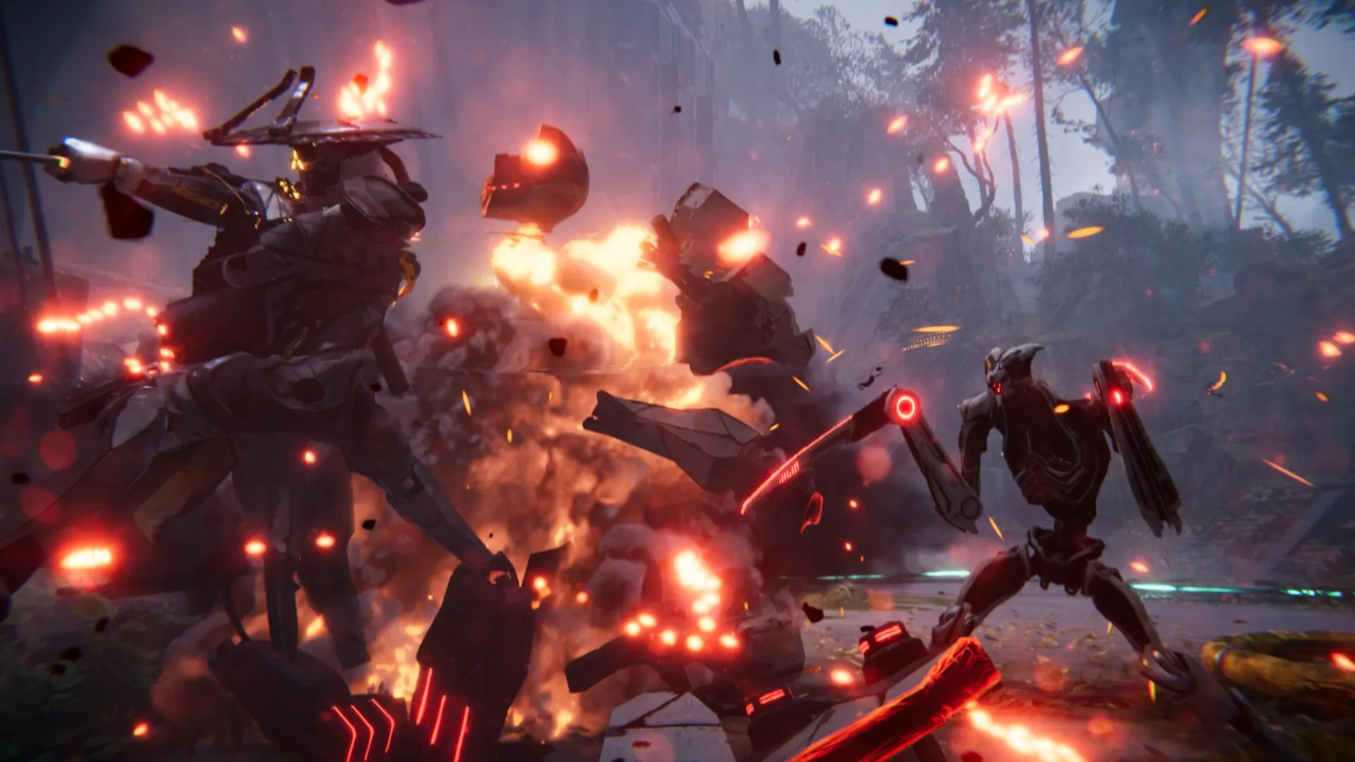 Morbid Metal: Intense battle scene with fiery explosions and robotic enemies in a dark, forested area.