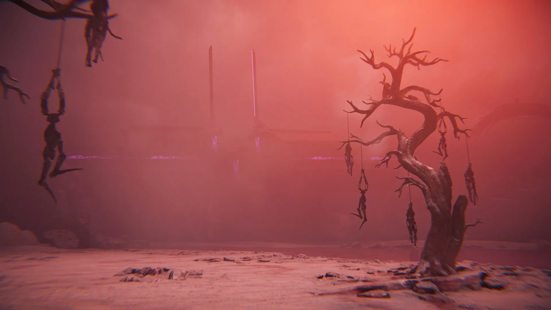 Morbid Metal: Desolate landscape with hanging figures on twisted trees under a red, foggy sky.