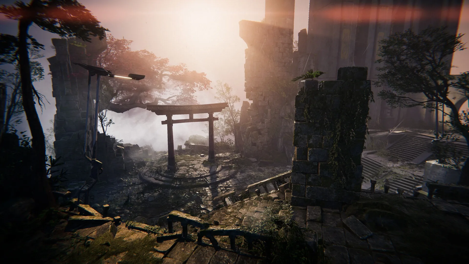 Morbid Metal: Ruined temple courtyard with overgrown stone structures and misty atmosphere