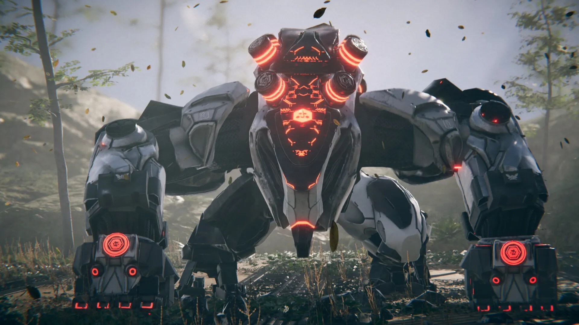 Morbid Metal: Large robotic creature with glowing red lights prowling in a forested environment