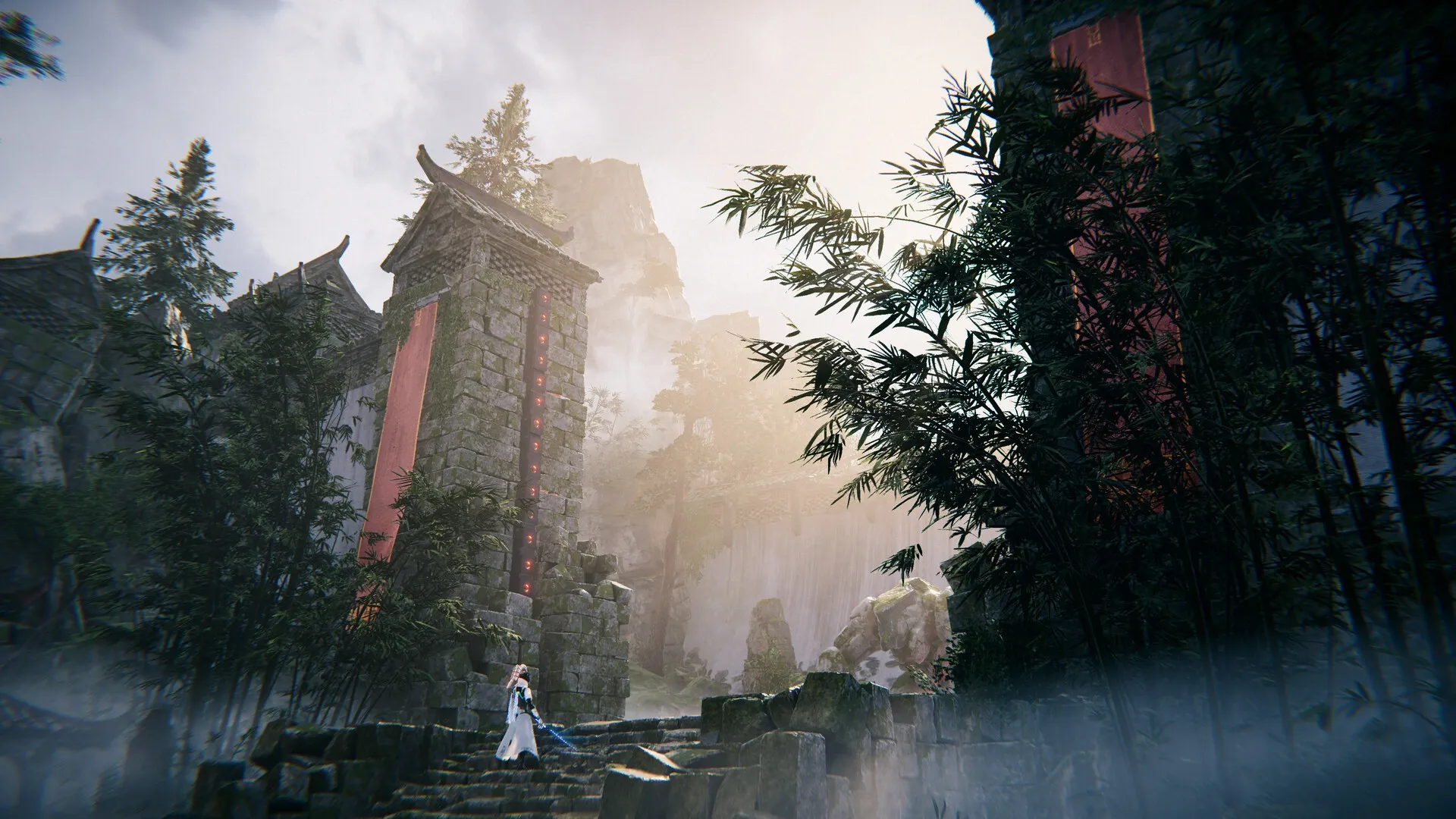 Morbid Metal: Lone character ascends ancient stone steps amidst towering ruins and dense bamboo forest.