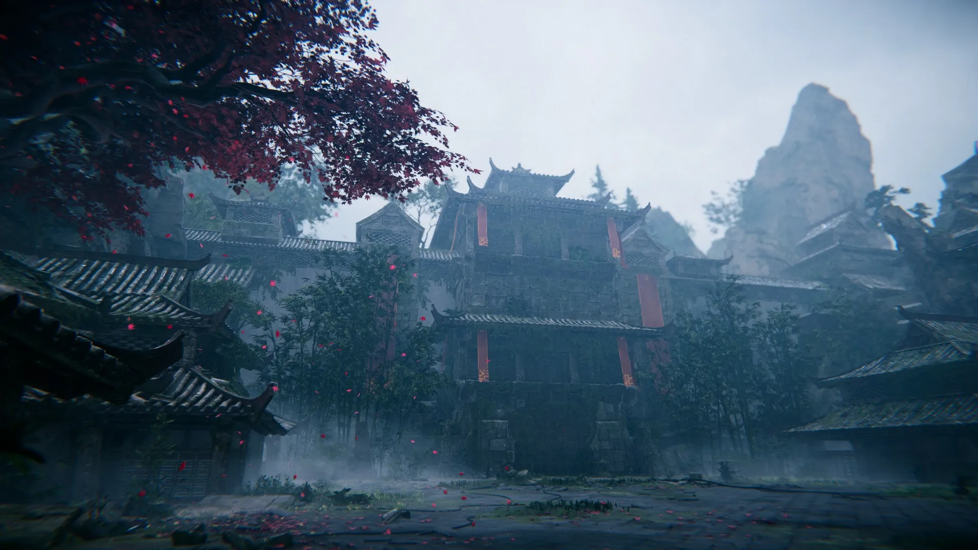 Morbid Metal: Ancient temple courtyard with falling red leaves and misty mountain backdrop