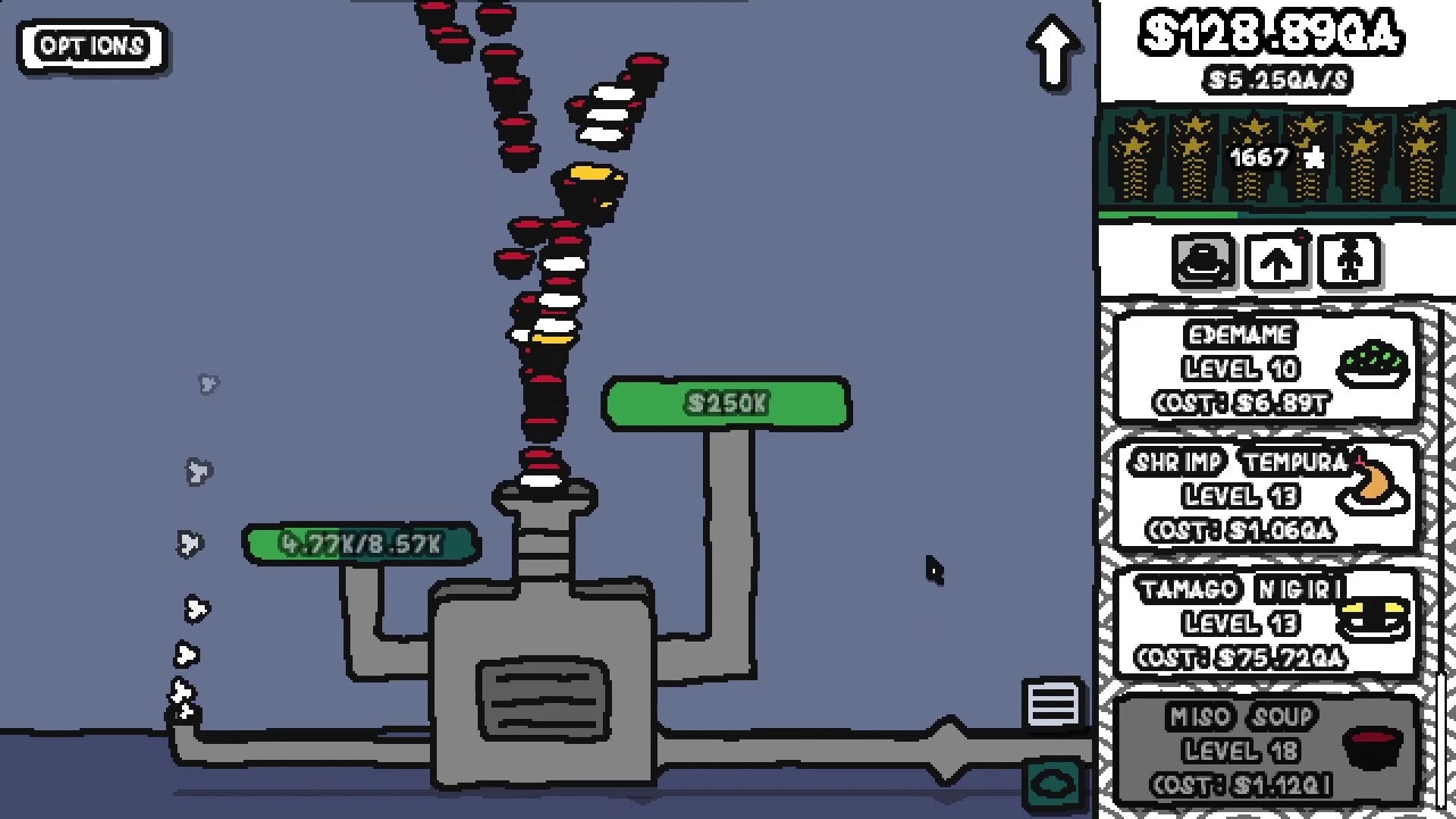 More Sushi!: Conveyor belt with stacked sushi plates, currency display, and upgrade menu on the right