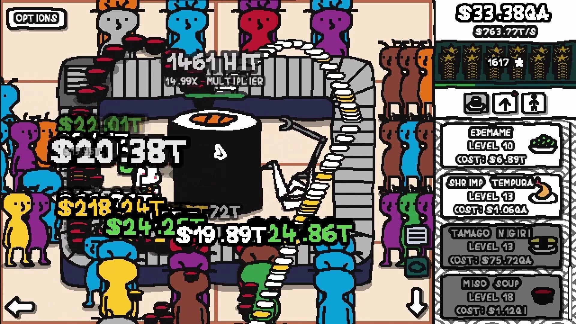 More Sushi!: Colorful characters queue at sushi conveyor, UI shows money and upgrade options on screen