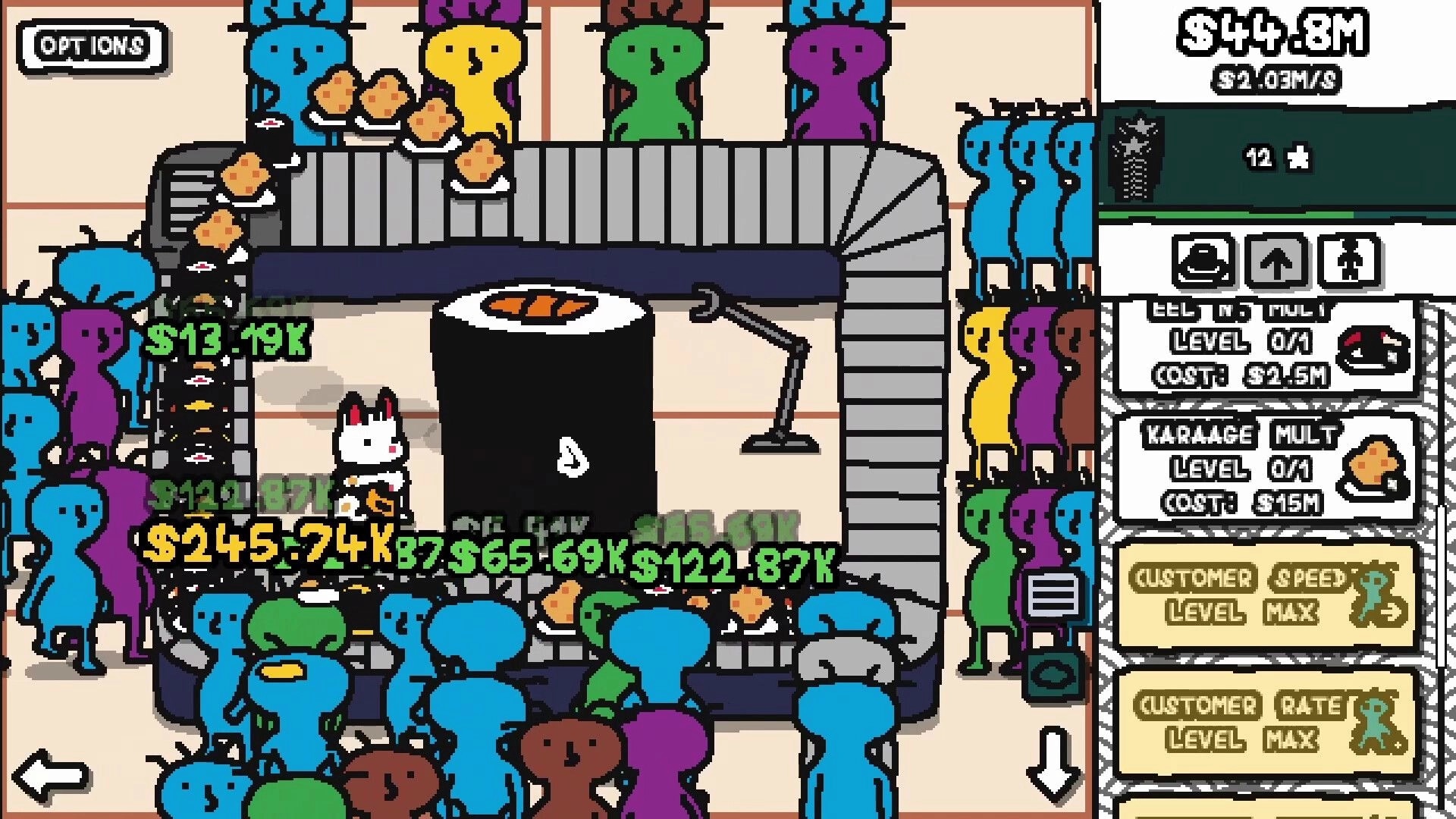 More Sushi!: Cute cat character serving sushi to colorful customers on a conveyor belt with upgrade menu