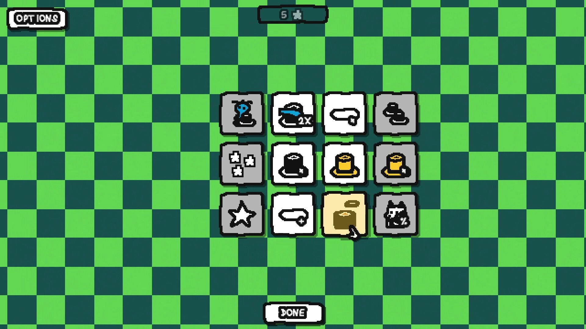 More Sushi!: Upgrade selection menu on a green checkered background with various icons and options