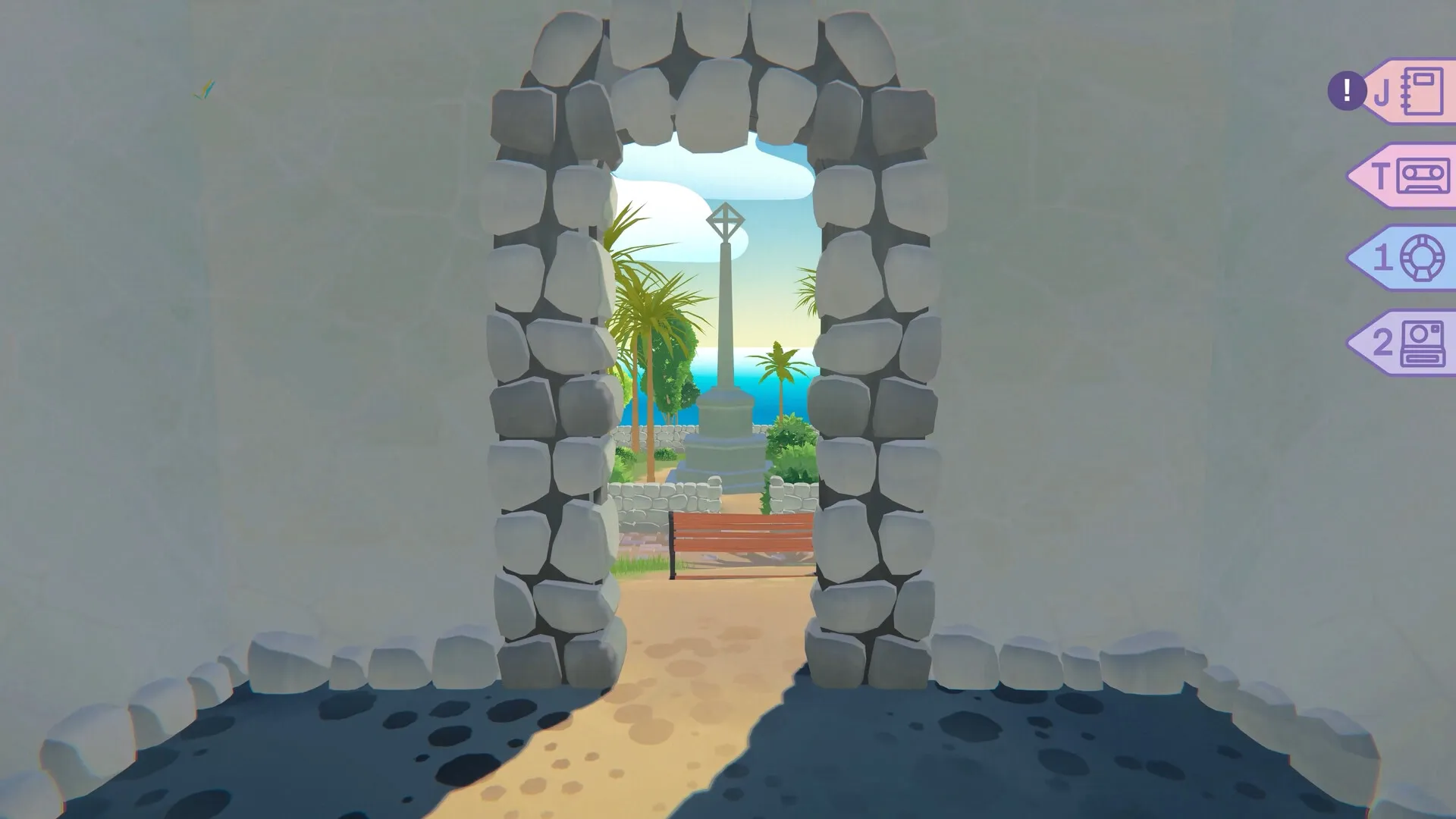 Morgan: View through stone archway to garden with palm trees and monument, UI icons on right