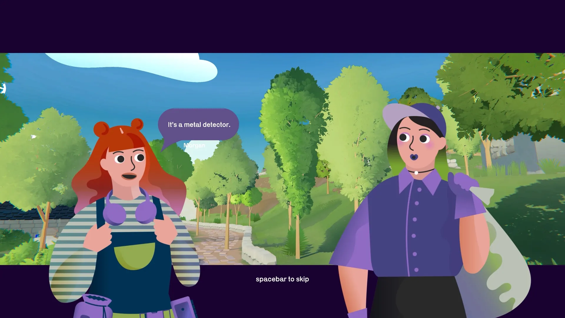 Morgan: Two characters chatting on a forest path, one holding a metal detector, text bubble visible.