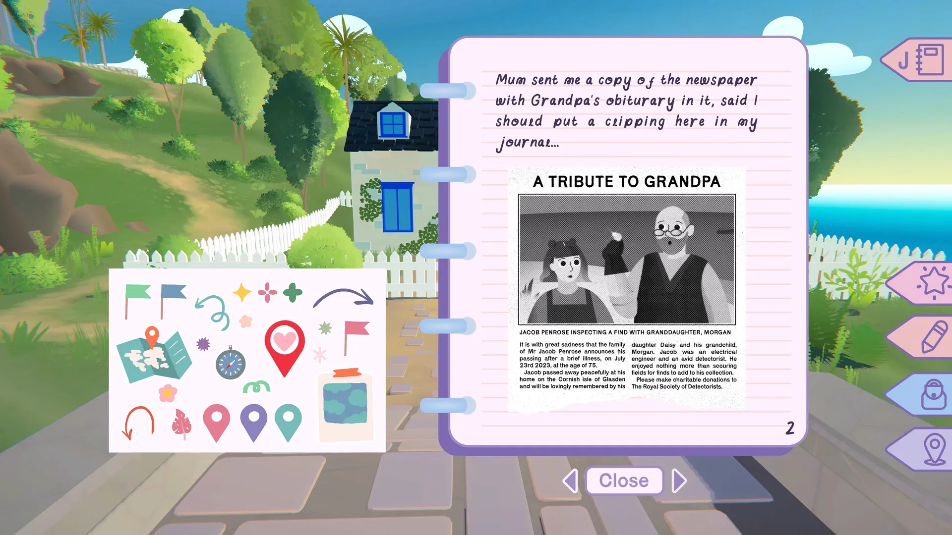 Morgan: Open journal with Grandpa's obituary clipping, island path and trees in the background