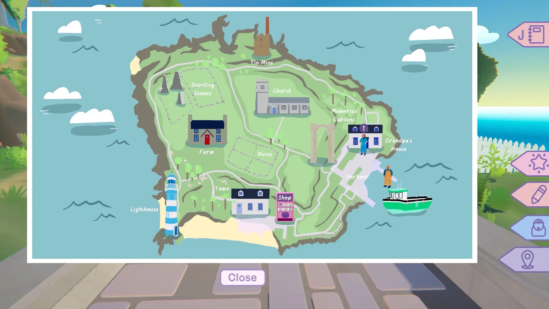 Morgan: Map of Glasden island showing key locations like lighthouse, church, and Grandpa's house.