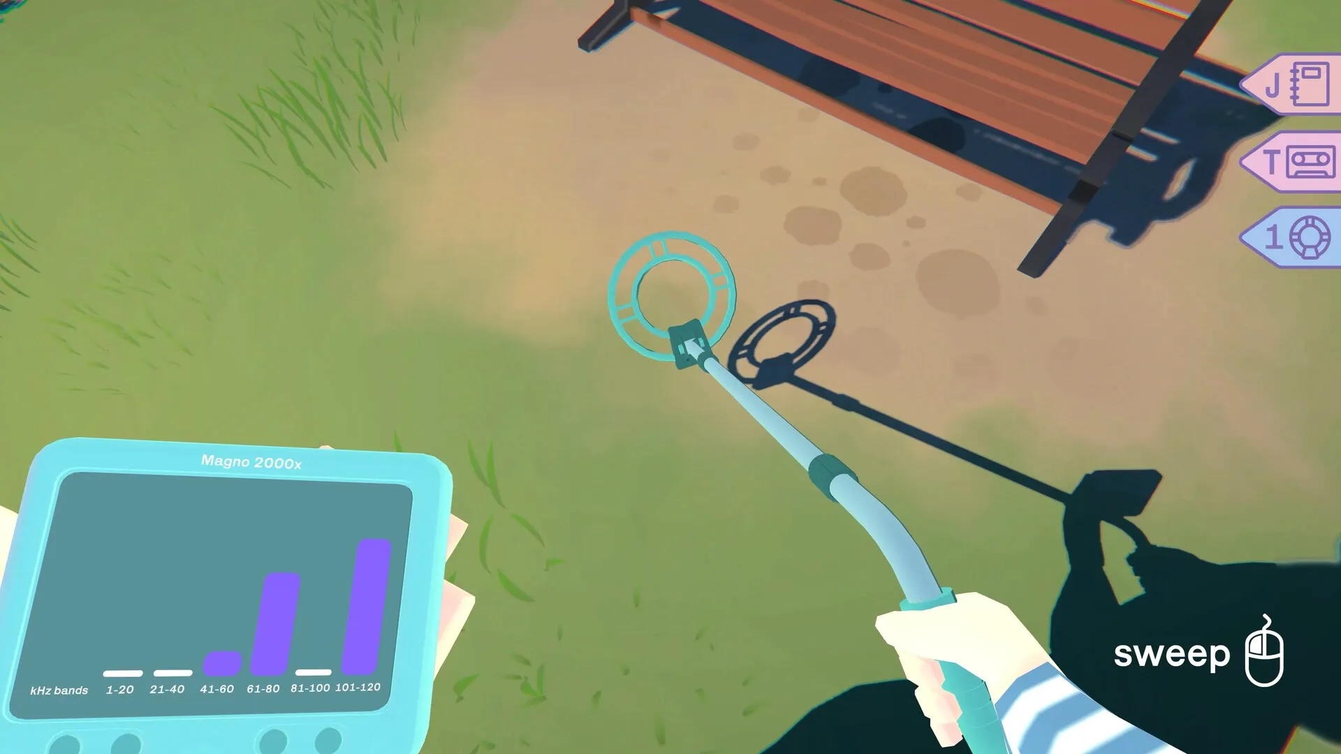 Morgan: Using metal detector near bench in grassy area with UI showing frequency bands and controls