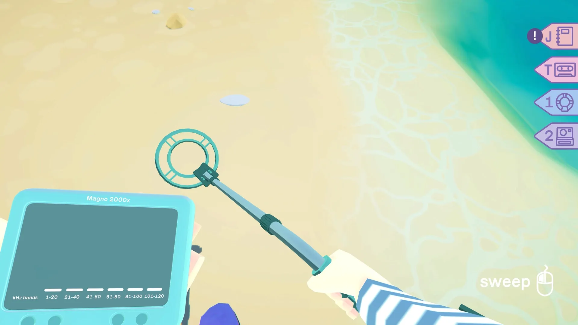 Morgan: Using metal detector on sandy beach with UI elements and clear turquoise water visible