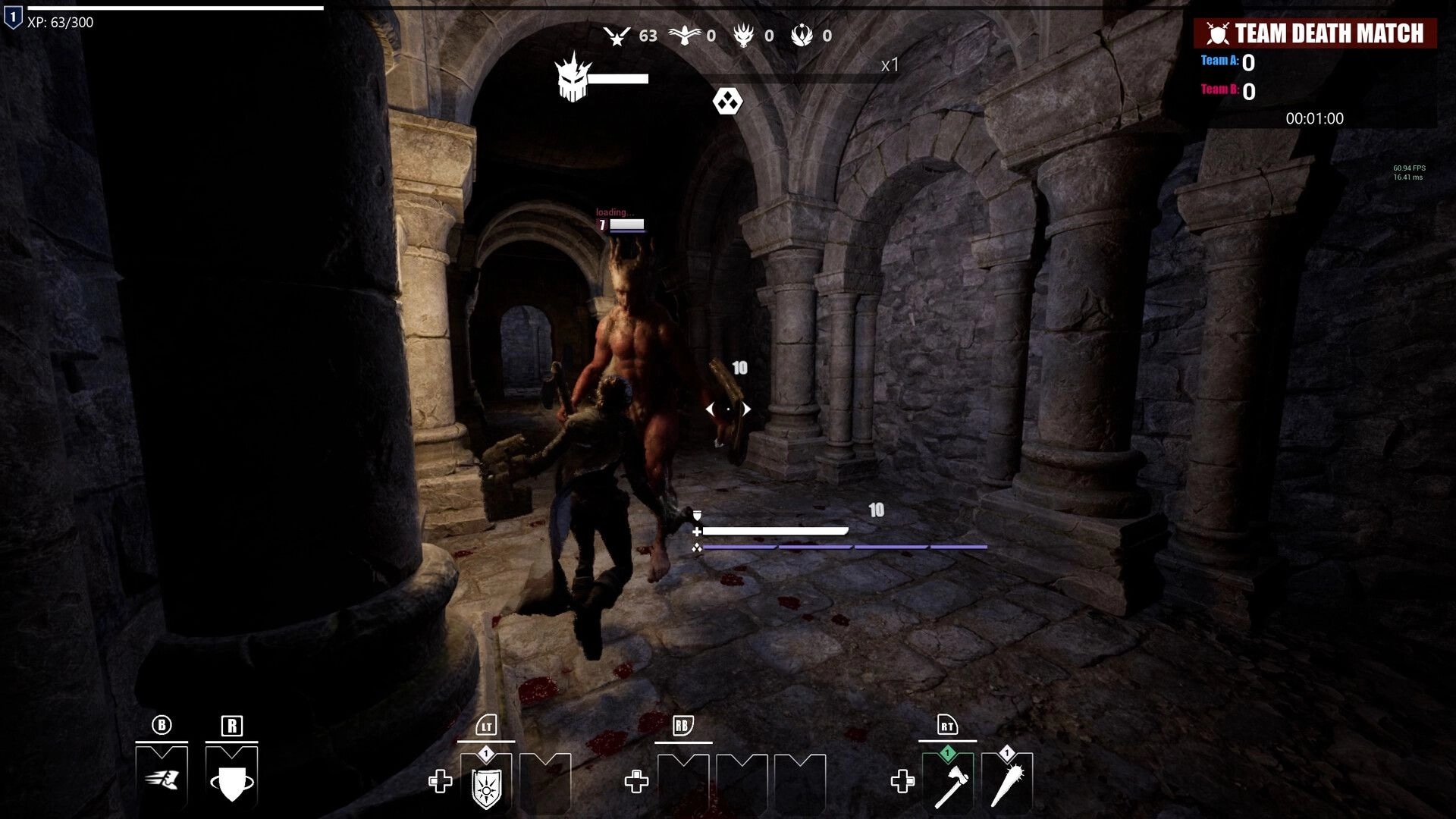 Morgenstern: Player battles demon in stone dungeon corridor during a Team Death Match session