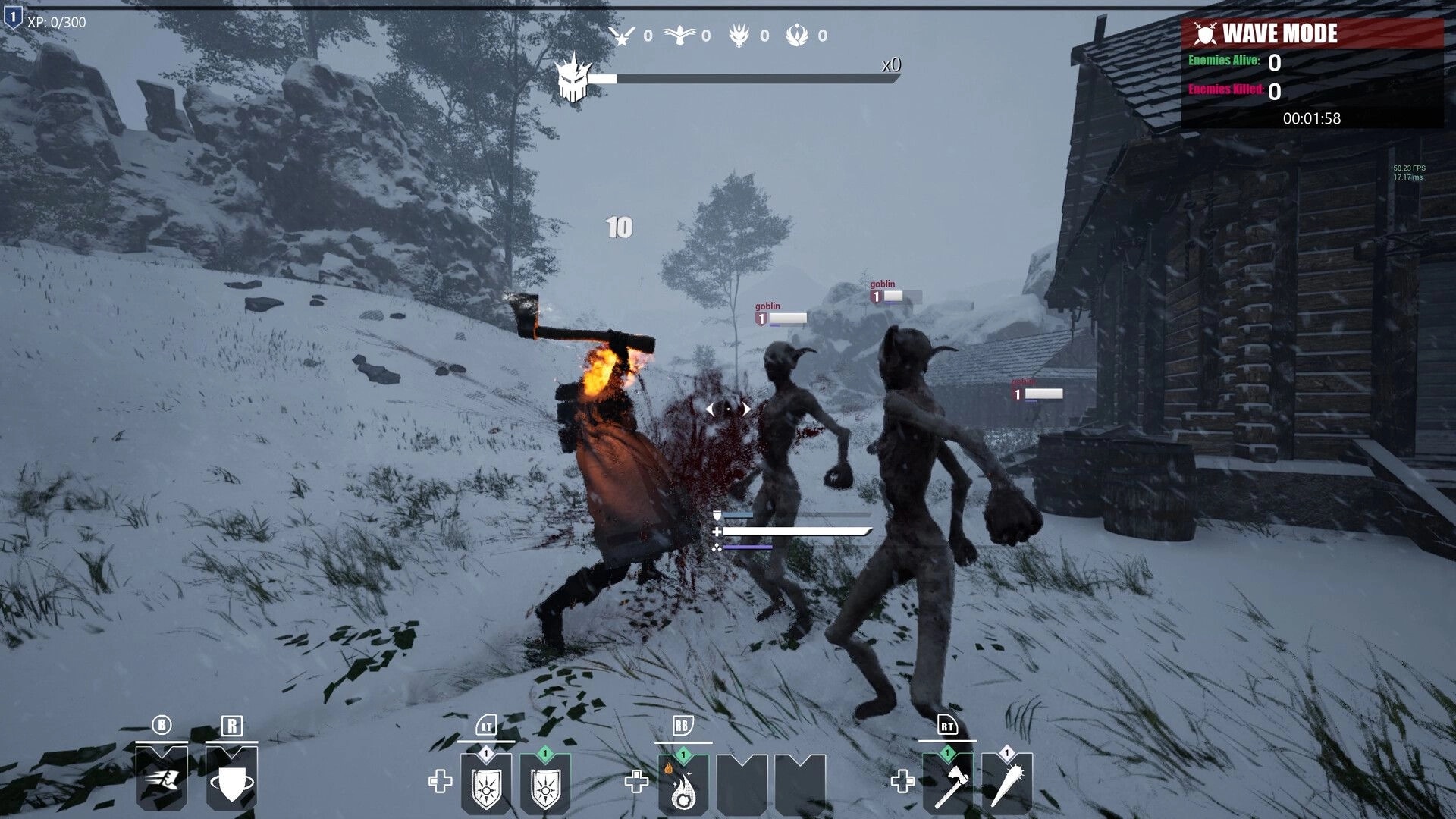 Morgenstern: Combat with goblins in snowy village, player wielding fiery axe, UI with health and skills