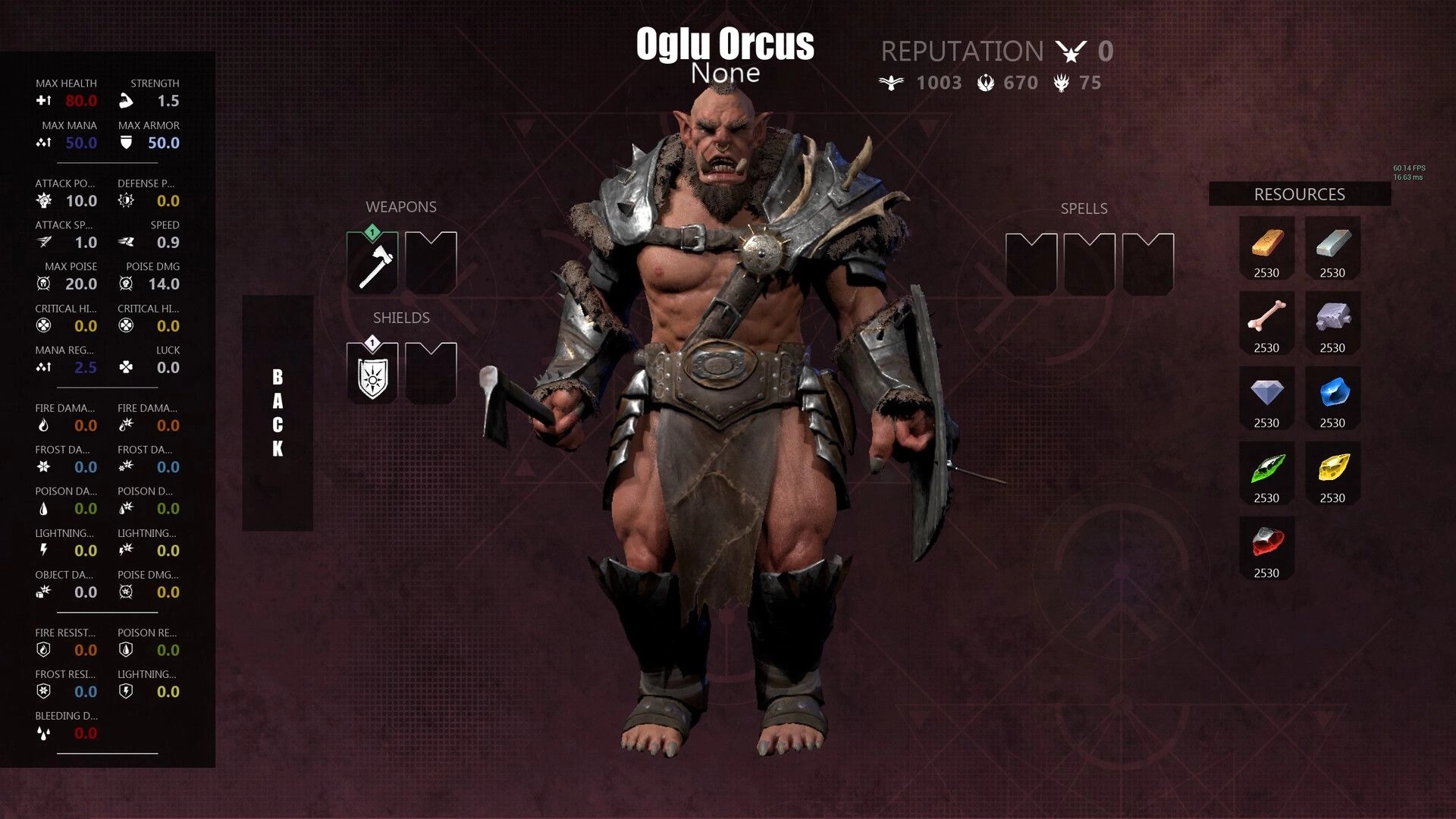 Morgenstern: Character menu with Oglu Orcus stats, weapons, shields, and resources on dark background