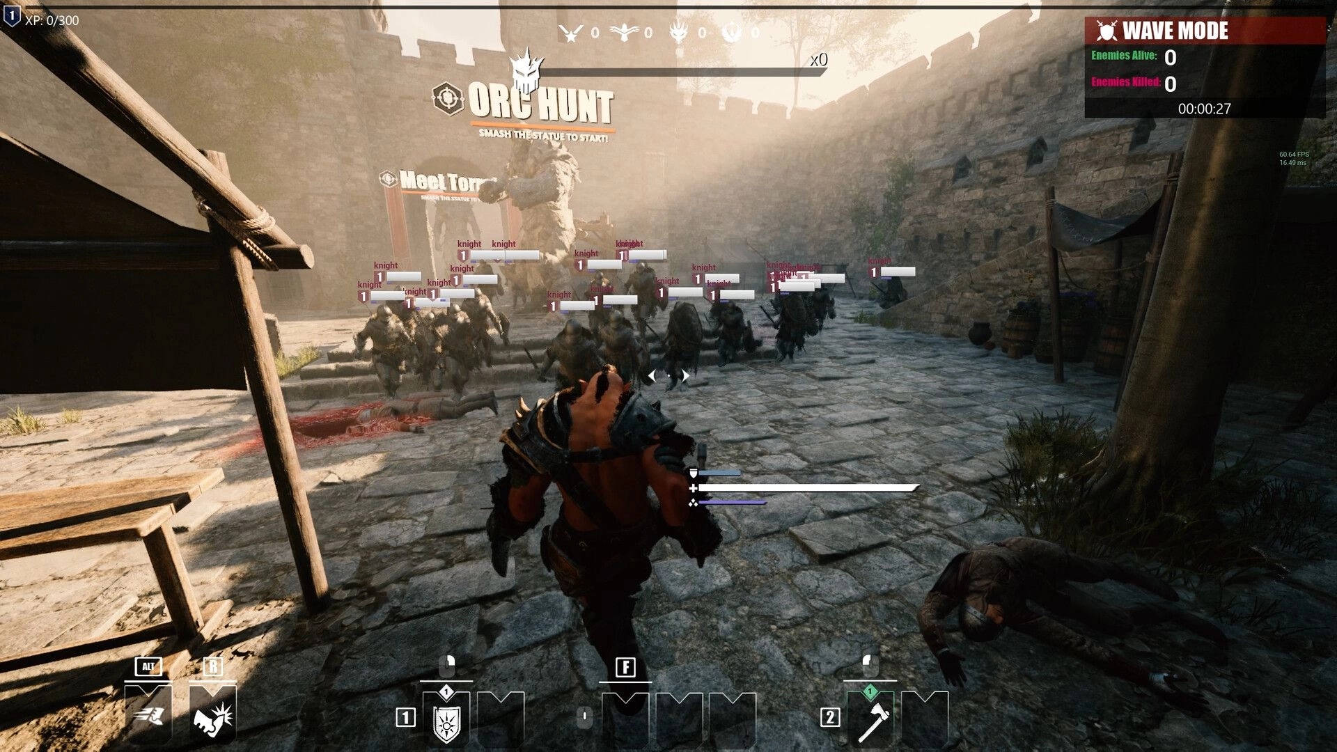 Morgenstern: Player prepares for battle against knights in a stone courtyard with wave mode HUD visible.